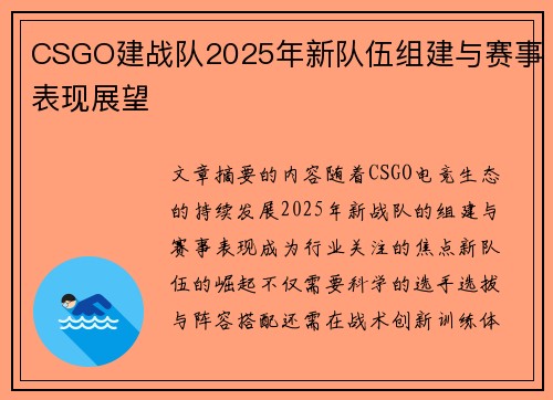 CSGO建战队2025年新队伍组建与赛事表现展望